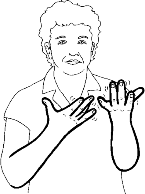 both hands are open and in front of the upper chest, not touching, palms facing towards the signer and a symbol indicating the hand are moving 